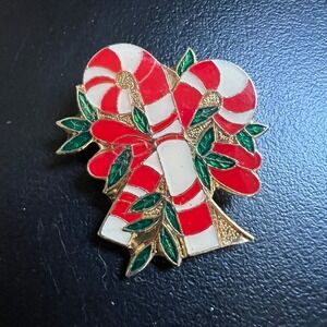 Vintage Candy Cane Brooch Red Green Enamel Gold Tone Holiday‎ Christmas 1980 Pin